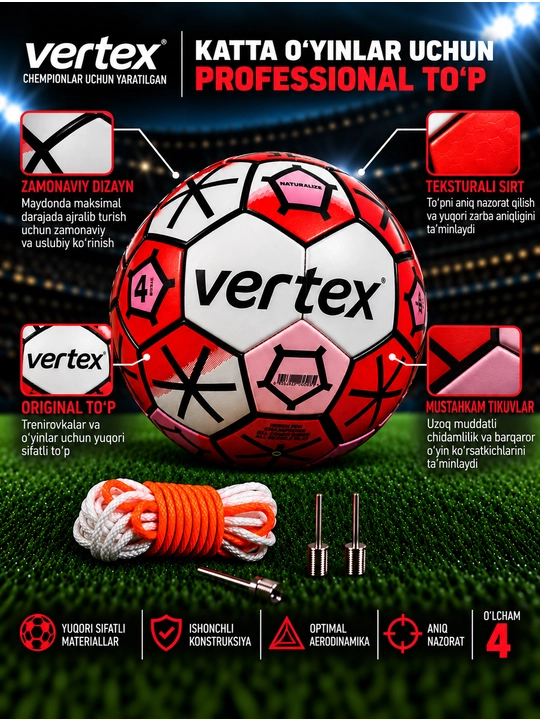 Futbol to‘pi Vertex, standart, 4-o‘lcham, qizil-qora