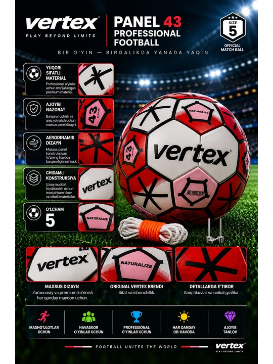 Futbol to‘pi Vertex, standart, 4-o‘lcham, qizil-qora