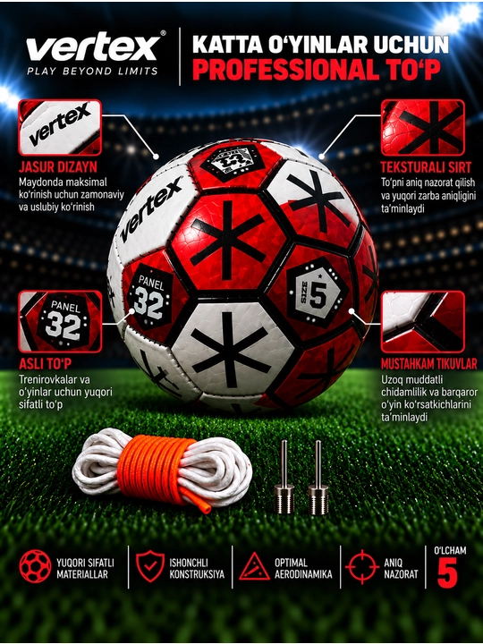 Futbol to‘pi Vertex, standart, 5-o‘lcham, qizil-qora