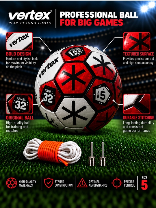 Futbol to‘pi Vertex, standart, 5-o‘lcham, qizil-qora