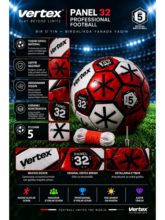 Futbol to‘pi Vertex, standart, 5-o‘lcham, qizil-qora