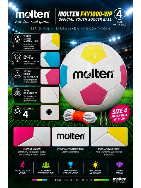 Futbol to‘pi Molten F4Y1000-WP, mashg‘ulot uchun, 4-o‘lcham, oq-ko‘k