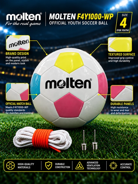 Futbol to‘pi Molten F4Y1000-WP, mashg‘ulot uchun, 4-o‘lcham, oq-ko‘k