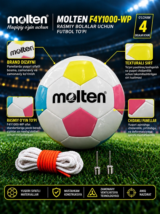 Futbol to‘pi Molten F4Y1000-WP, mashg‘ulot uchun, 4-o‘lcham, oq-ko‘k