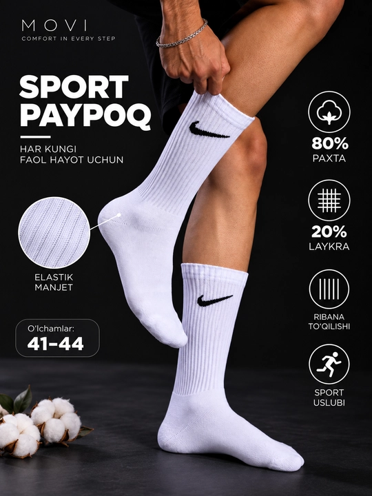 Erkaklar va ayollar sport paypog‘i, uzun paypoq paxtali, Nike paypoq, oq va qora paypoq