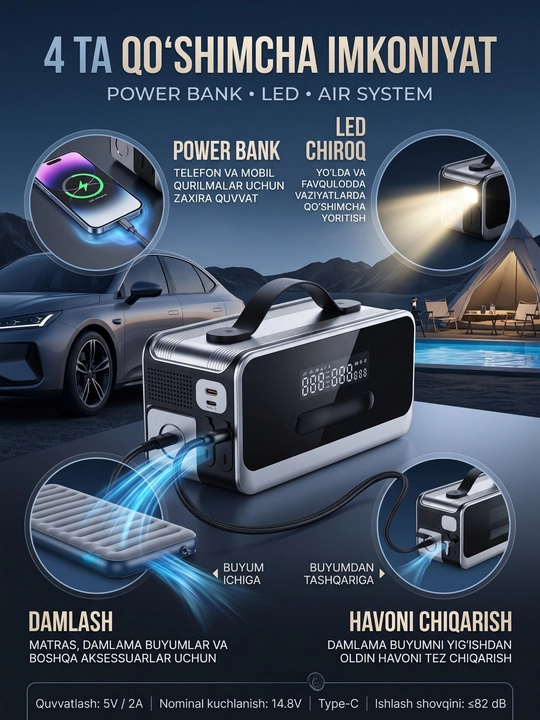 Power bank 8 in 1, avtomobil uchun jump starter, kompressor va changyutgich