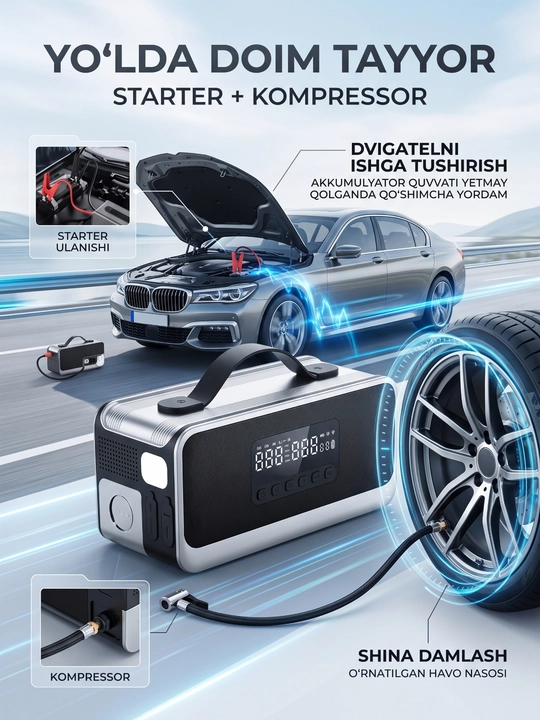Power bank 8 in 1, avtomobil uchun jump starter, kompressor va changyutgich