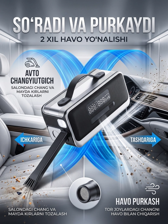 Power bank 8 in 1, avtomobil uchun jump starter, kompressor va changyutgich