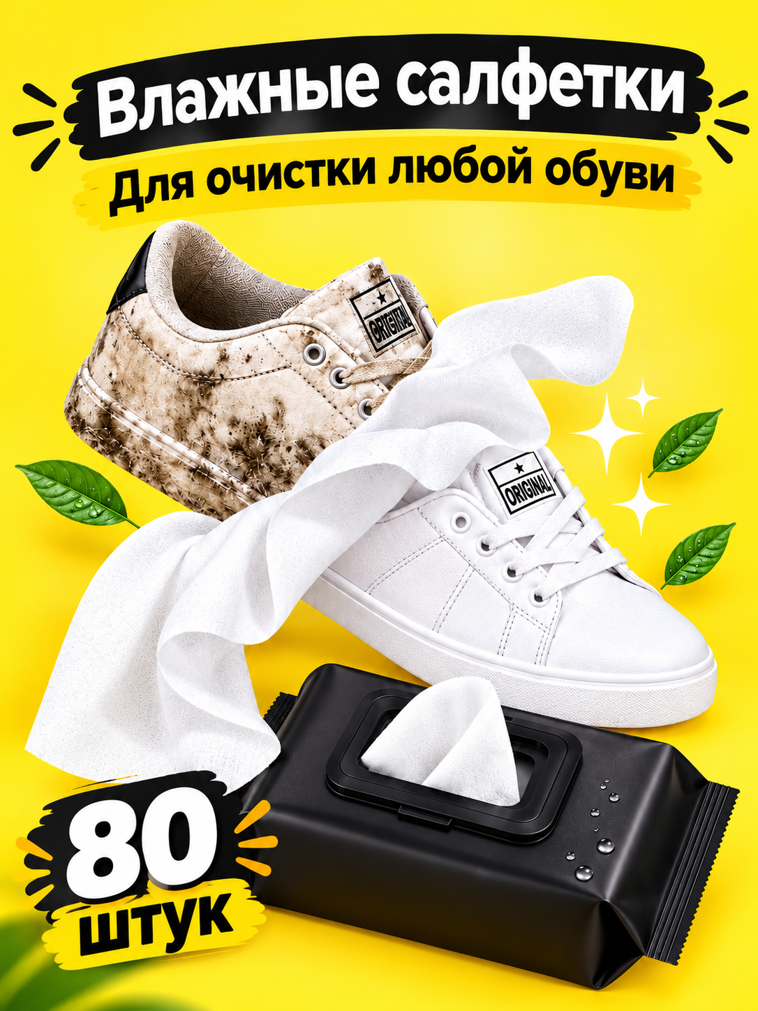 Poyabzal tozalash uchun universal nam salfetkalar - 80 dona - 