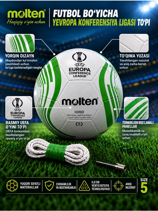 Futbol to‘pi Molten UEFA Europa Conference League, 5-o‘lcham, oq-yashil