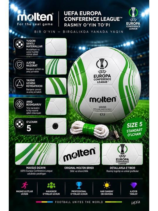 Futbol to‘pi Molten UEFA Europa Conference League, 5-o‘lcham, oq-yashil