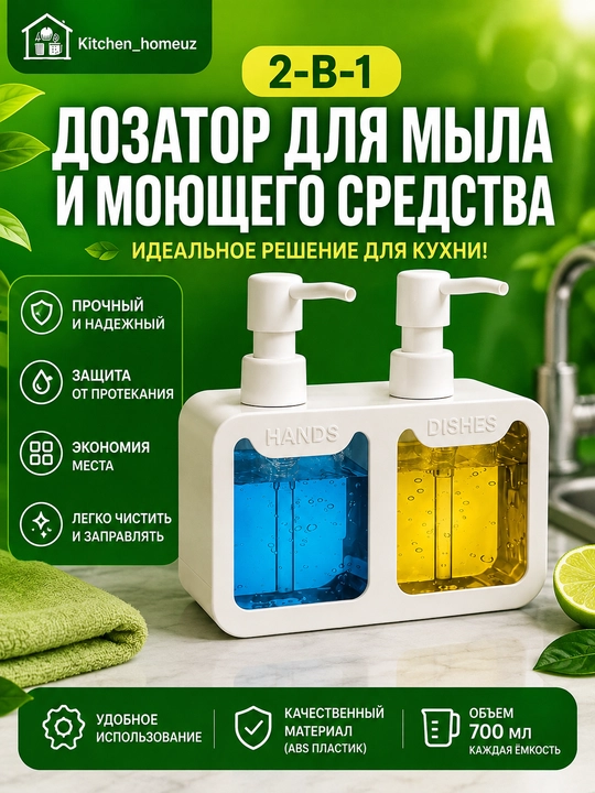 Sovun va idish yuvish vositalari uchun qo‘shaloq dispenser