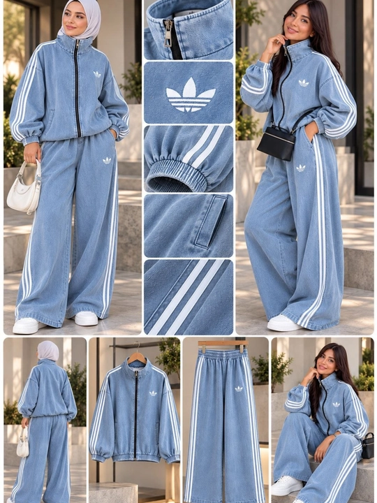 Ayollar uchun denim sport kostyum, keng shimli zamonaviy ikki qismli kostyum