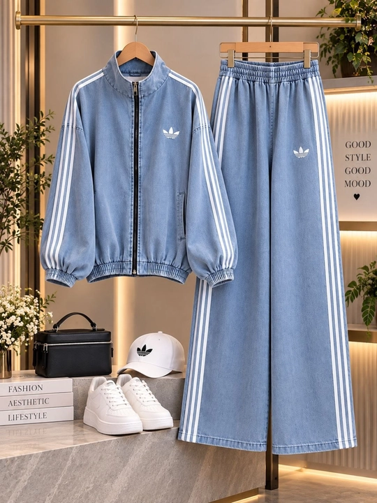 Ayollar uchun denim sport kostyum, keng shimli zamonaviy ikki qismli kostyum