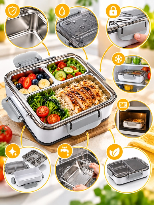 3 bo‘limli zanglamaydigan po‘lat Lunch Box