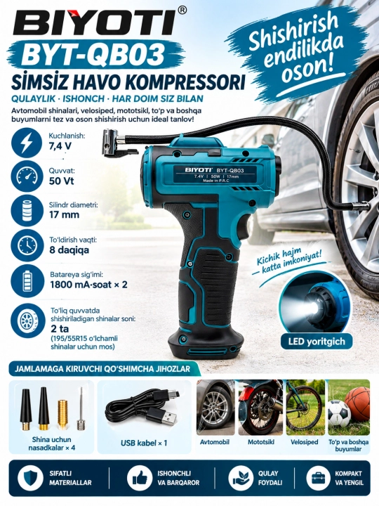 Avtomobil uchun nasos, Avtomobil baloni uchun kompressor nasosi, Nasos, Avto nasos - 