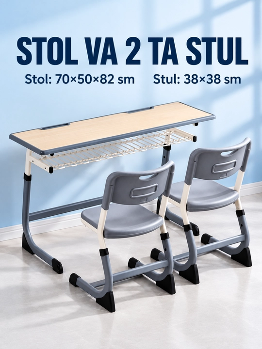 Parta 2 kishilik, 2 ta stul bilan metall karkasli o‘quv stoli 120×45×82 sm - 