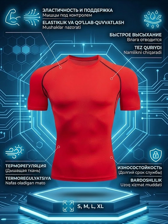 Erkaklar uchun kompression sport va fitnes ko‘ylagi; tanaga yopishib turuvchi sport rashgardi