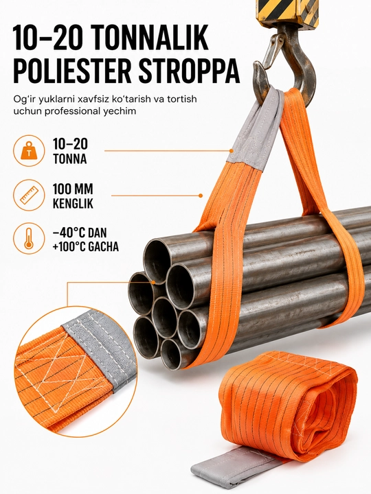 Professional to‘qimachilik stroplari (yuk tasmasi) 10t va 20t, halqali poliester lenta - 