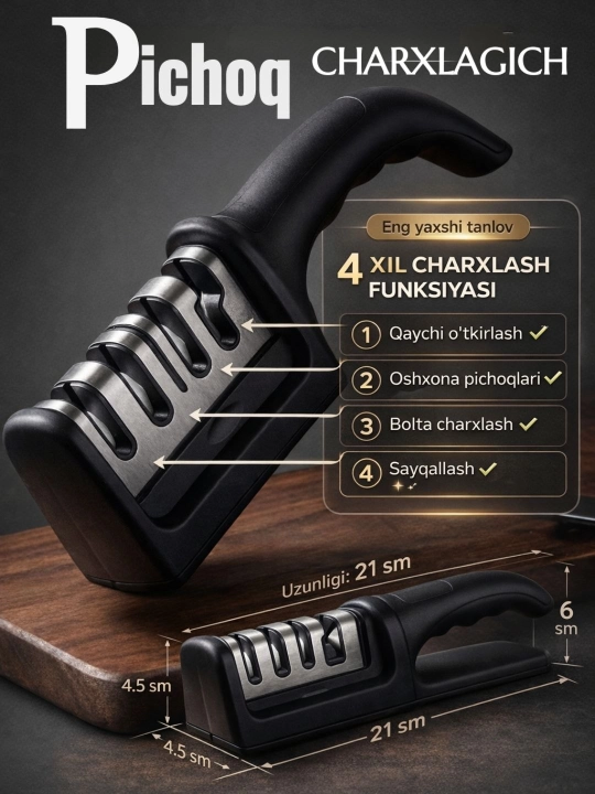 Ko'p funksiyali pichoq va qaychi charxlagich, 4 ta charxlovchi yuzasi bilan - 