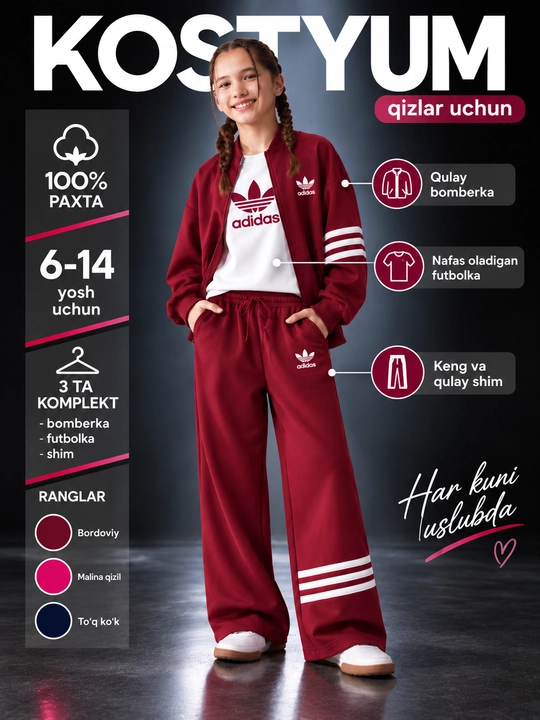 Qizlar uchun Adidas sport komplekti 3 talik, kofta futbolka shim, 6–14 yosh