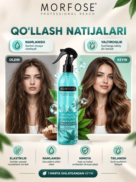 Ikki fazali yuvilmaydigan soch sprey konditsioneri MORFOSE 400 ml