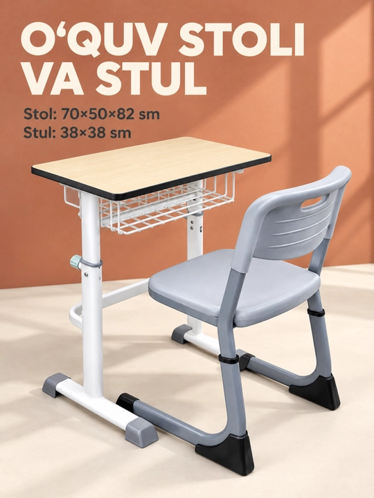 Parta bolalar uchun, metall karkasli stol va stul komplekti, 70×50×82 sm - 
