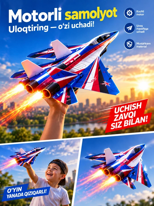 Motorli uchadigan o'yinchoq samolyot Mini Jet SU-27 LED - 