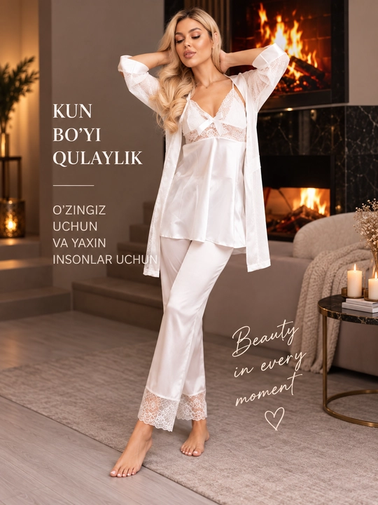 Ayollar uchun atlas pijama komplekti 3 qismli, dantelli top, ishton va penyuar-xalat, oq - 