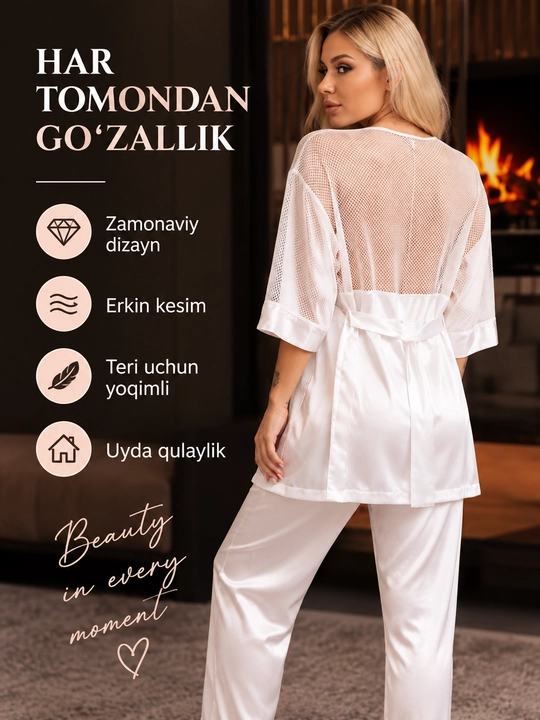 Ayollar uchun atlas pijama komplekti 3 qismli, dantelli top, ishton va penyuar-xalat, oq