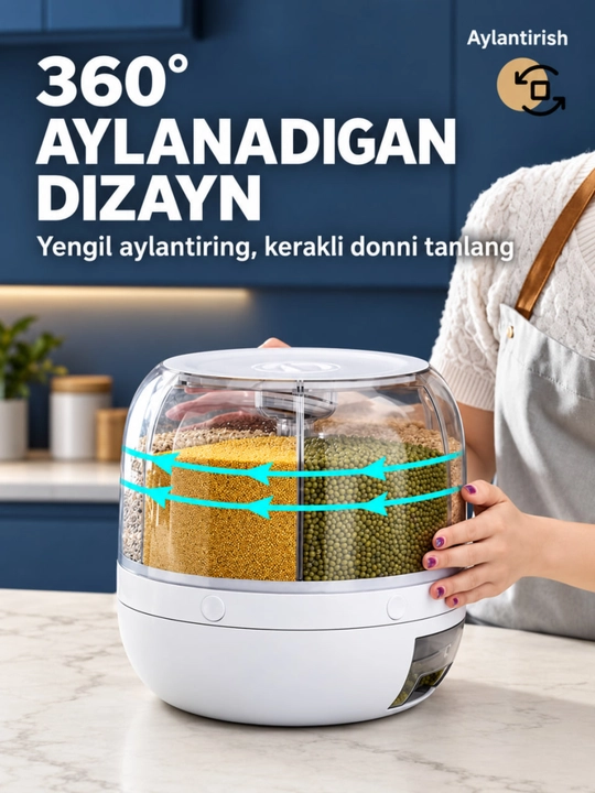 Don idish 360° aylanadigan dispenser guruch va yorma uchun 6 bo‘limli