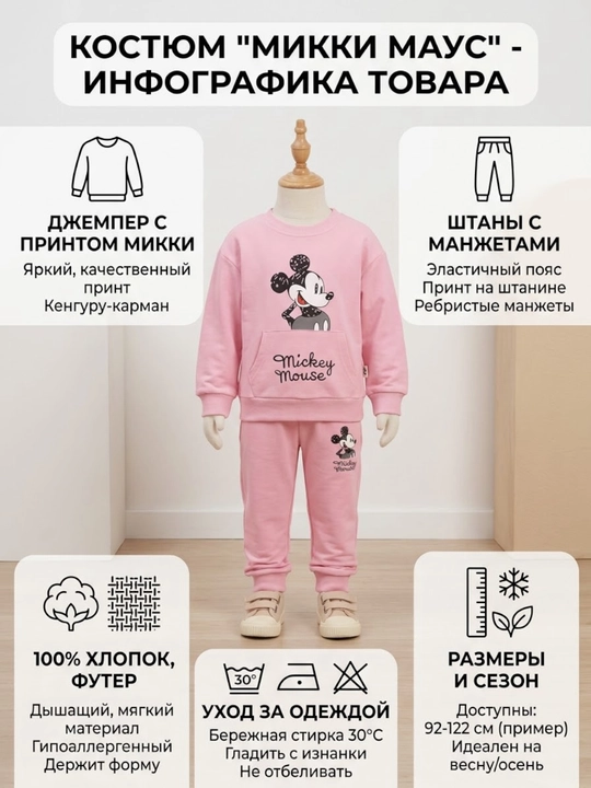Для девочек, худи с карманом и брюки Микки Маус