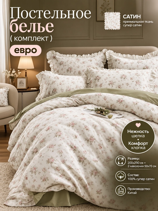Постельное бельё 2-спальное с цветочным узором, XB , 200х230 см - 