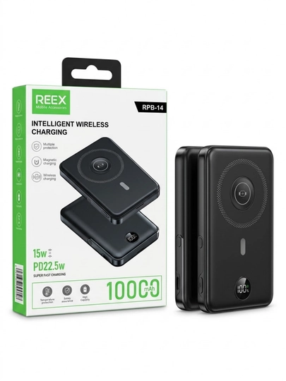 Power Bank REEX RPB14 10000mAh MagSafe 15W Wireless PD22.5W Быстрая LED Черный