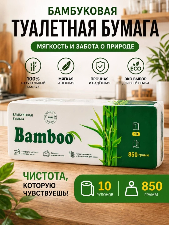 Туалетная бумага BAMBOO, бамбуковое волокно, мягкая и прочная, 6 слоев, 10 рулонов наборов