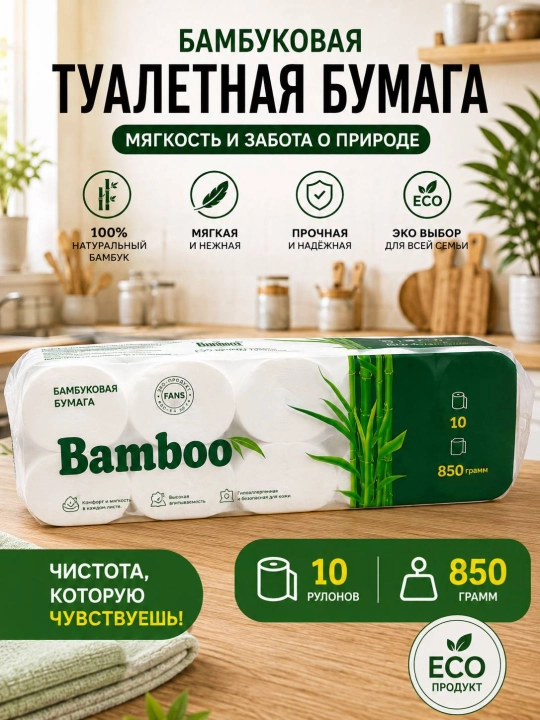 Туалетная бумага BAMBOO, бамбуковое волокно, мягкая и прочная, 6 слоев, 10 рулонов наборов