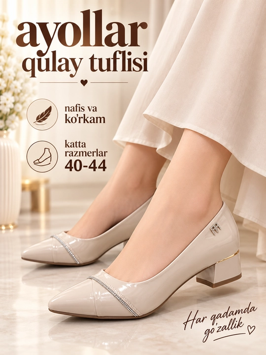 Ayollar tuflisi, katta o'lcham 40-41-42-43-44, kunlik tufli, past poshnali tufli - 