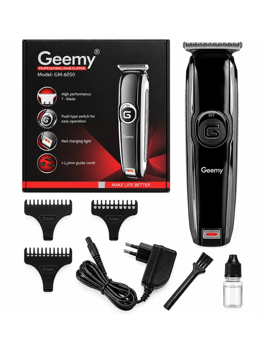 Триммер Geemy GM-6050 — мужская машинка для волос и бороды, 3 насадки, USB-зарядка