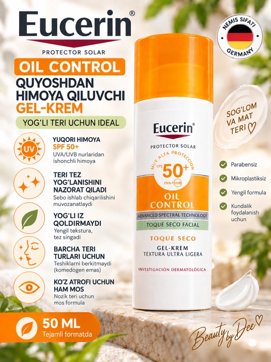 Eucerin Oil Control Sun Fluid SPF 50+ yog‘lanishga qarshi quyoshdan himoyalovchi gel-krem