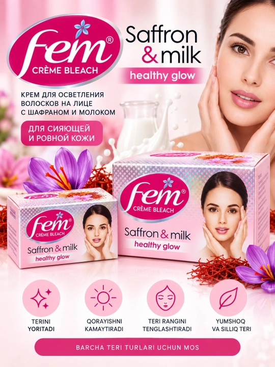 Fem Saffron & Milk yuz va qosh tuklarini oqartiruvchi krem, 8 g va 40 gr
