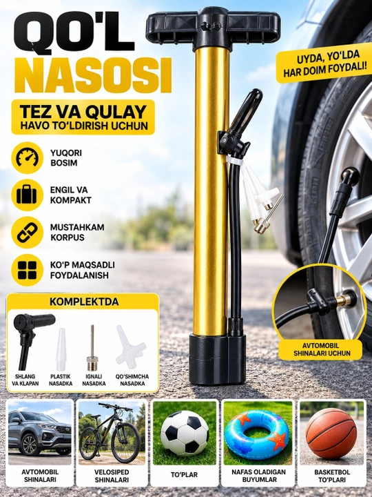 Qo'l nasosi, sharikli, velosiped va avtomobil uchun nasos - 