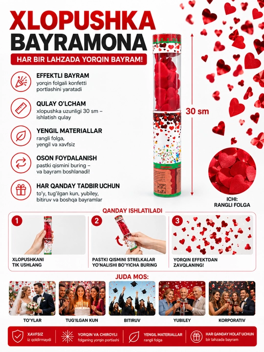 Bayram va tug'ilgan kun uchun xlopushka konfetti,  30 sm, 50 sm