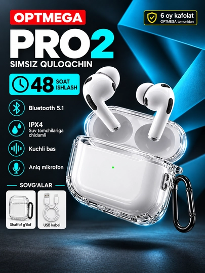 Simsiz quloqchinlar Pro 2 Premium, iPhone va Android uchun sensorli naushnik