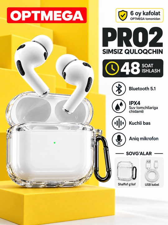Simsiz quloqchinlar Pro 2 Premium, iPhone va Android uchun sensorli naushnik