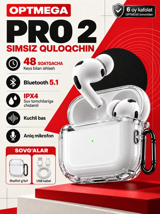 Simsiz quloqchinlar Pro 2 Premium, iPhone va Android uchun sensorli naushnik