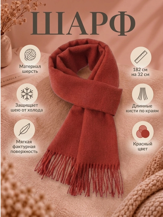 Шарф мужской и женский, тёплый, шерстяной, однотонный, с кистями - 