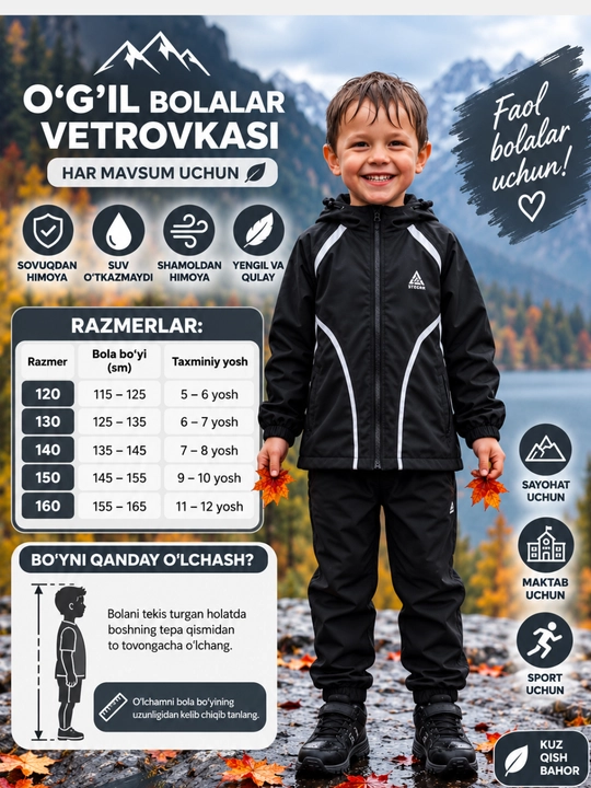 O‘g‘il va qiz bolalar uchun 2 qavatli suv o‘tkazmaydigan vetrovka, kuz, qish, bahor