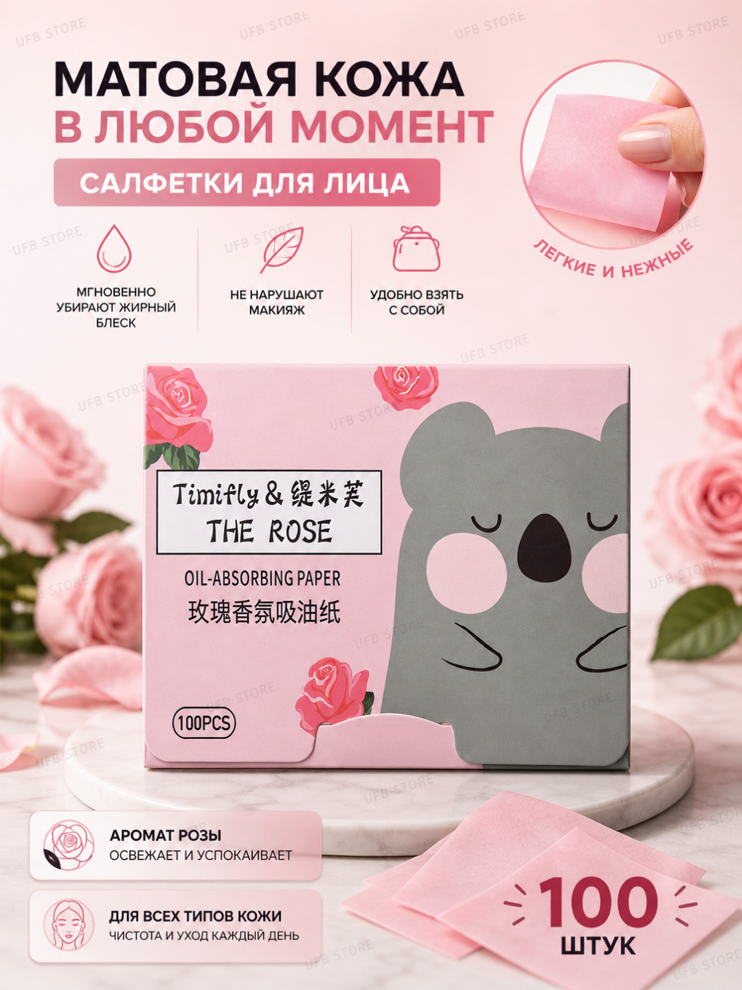Матирующие салфетки для лица от жирного блеска, 100 штук - 