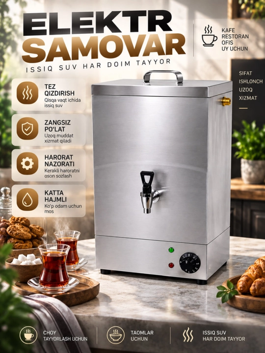 Elektr samovar, zanglamas po‘lat, harorat sozlagichli, kranli, katta hajmli, uy va ofis - 
