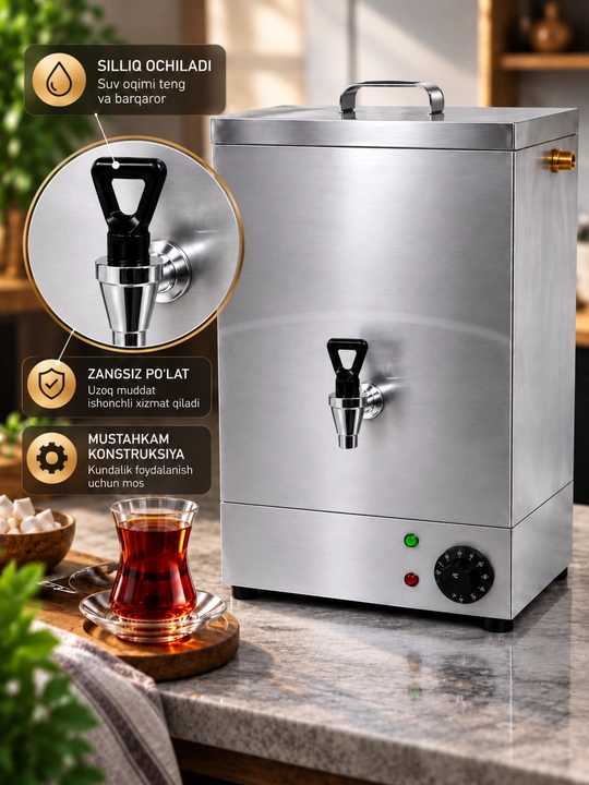 Elektr samovar, zanglamas po‘lat, harorat sozlagichli, kranli, katta hajmli, uy va ofis